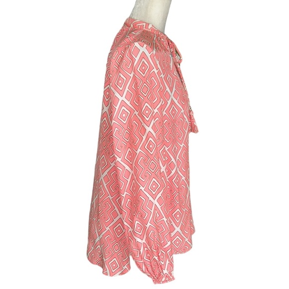 Alice & Trixie Silk Coral Peach Geometric Print Tie Neck Tassel Blouse - S - Picture 6 of 11